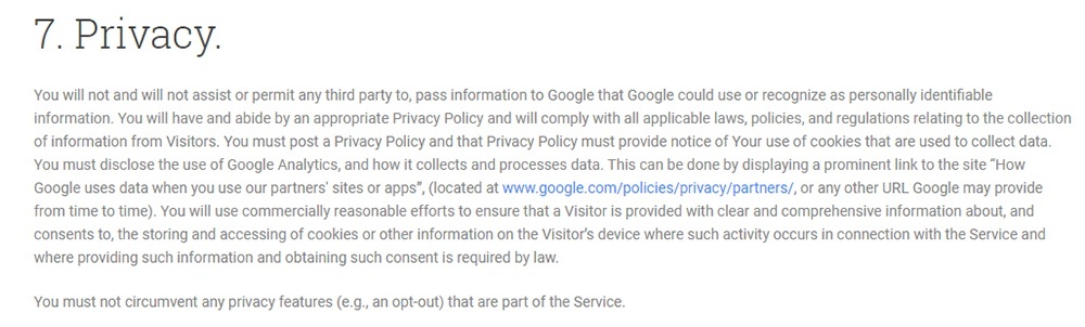 Google Analytics Terms of Service Privacy clause