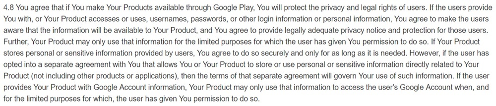 Google Play Developer Distribution Agreement: Privacy Policy requirement clause