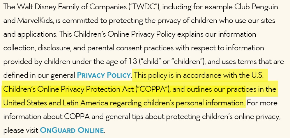 Walt Disney Children's Online Privacy Policy: COPPA clause