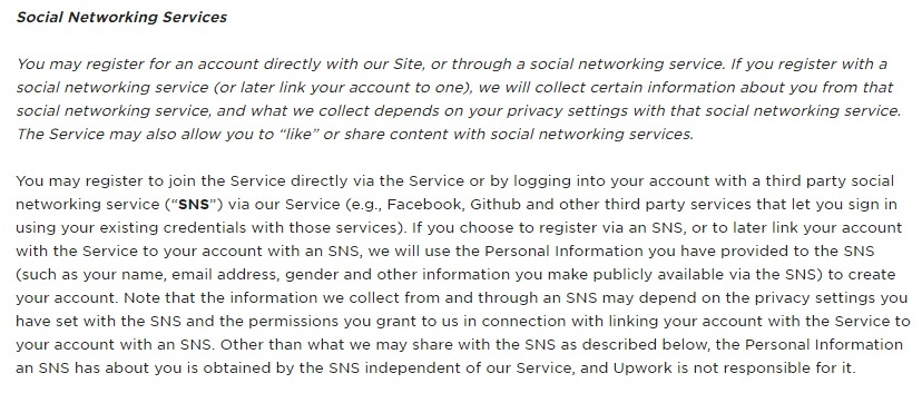 Upwork Privacy Policy: Excerpt of Social Networking Services clause