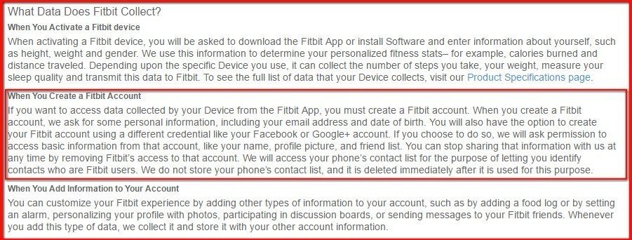 When you create an account with Fitbit: clause in Privacy Policy