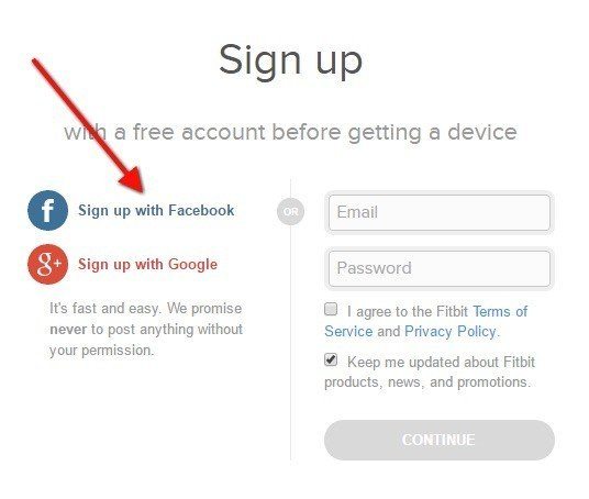 Sign up with Facebook/Google on Fitbit