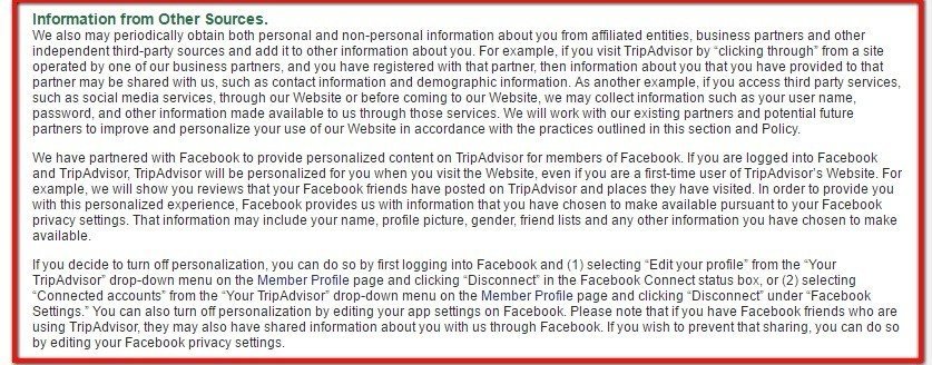 TripAdvisor Privacy Policy: Information from Other Sources clause