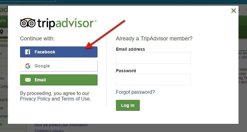TripAdvisor: Signup for Facebook, Google or Email