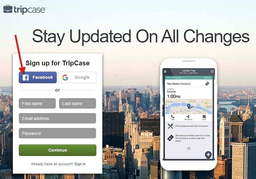 Tripcase: Signup with Facebook, Google or Email