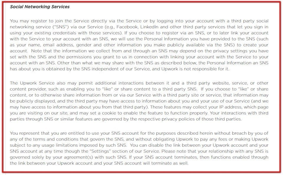 Social Networking Sites in Upwork Privacy Policy
