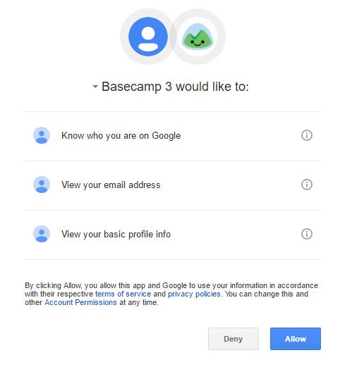 Basecamp and Google Permissions dialog window