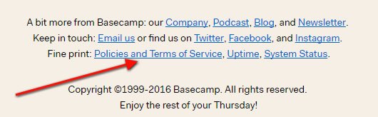 Basecamp footer on its website: The link to its policies