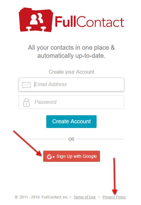 Screenshot of Sign-up Page of Full Contact