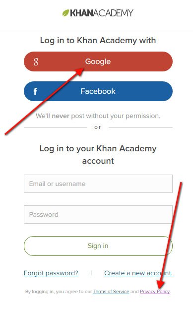 Khan Academy Login Page with Login with Google and links to its Privacy Policy