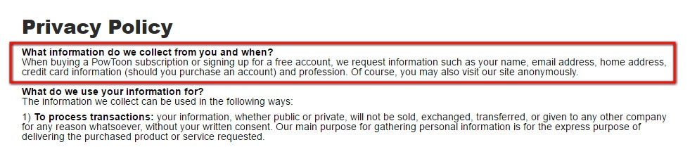 Screenshot from PowToon Privacy Policy