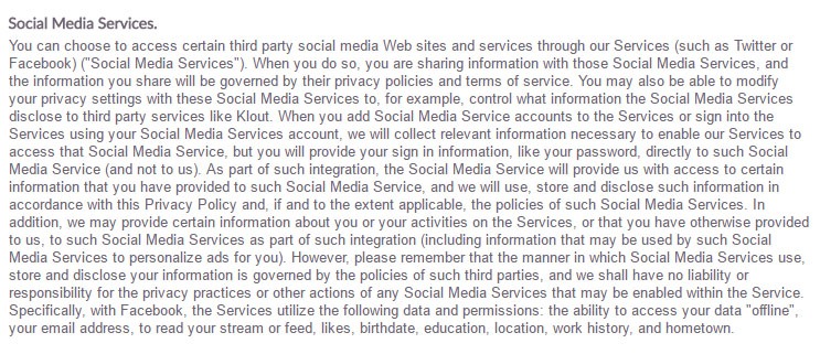 Klout Privacy Policy: Social Media Services clause