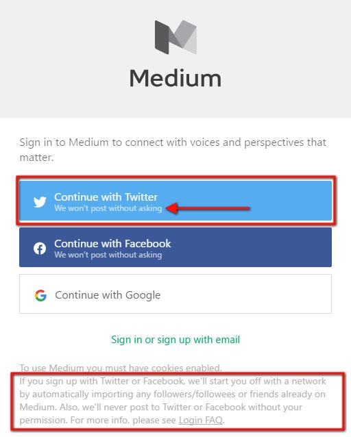 Medium Login page: Highlight the Continue with Twitter