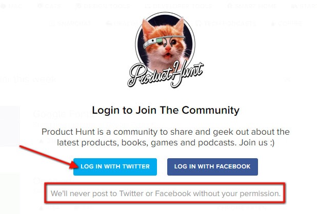 Product Hunt: Login with Twitter or Facebook