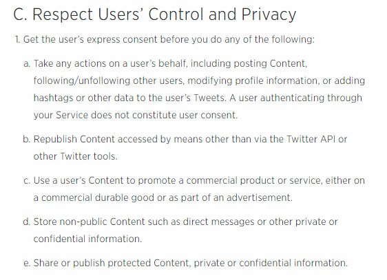 Twitter Developer Policy: Respect Users Control and Privacy