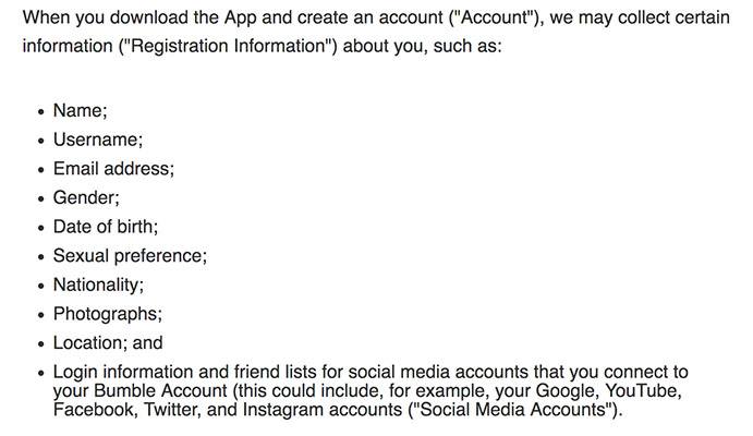 Bumble Privacy Policy: Information collected clause