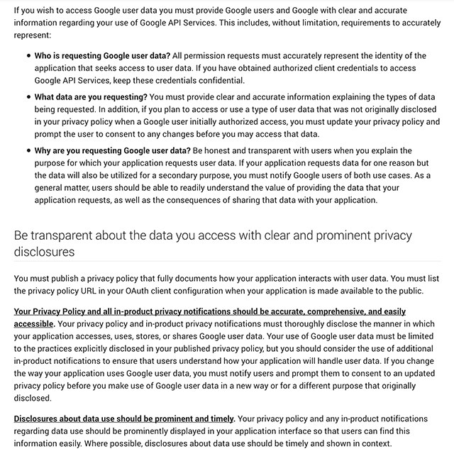 Google User Data Policy: Developer guidelines for implementing social login API