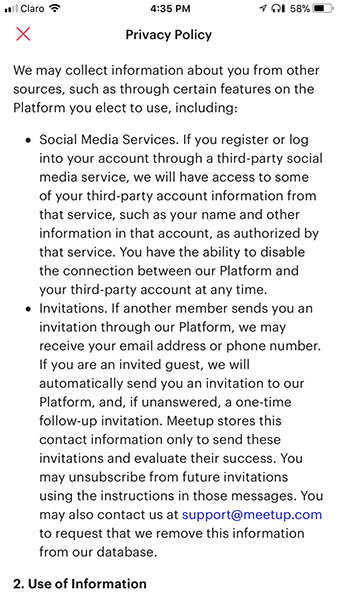Meetup Privacy Policy: Social Media Services clause