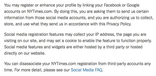 New York Times Privacy Policy: Social login clause