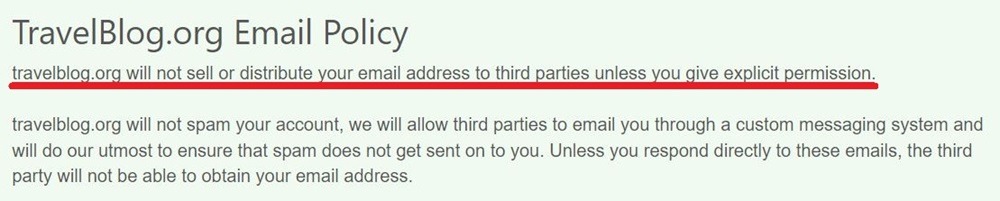 TravelBlog org Email Policy excerpt