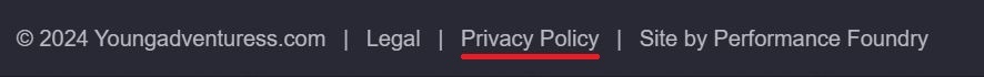 Youngadventures website footer with Privacy Policy link highlighted