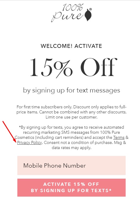 100 Percent Pure pop-up to sign up for a discount - Privacy Policy link highlighted