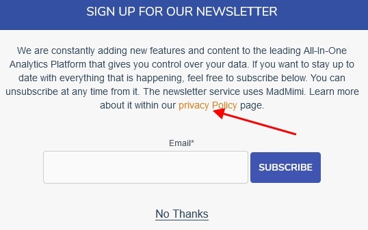 Matomo sign up for newsletter pop-up with Privacy Policy link highlighted