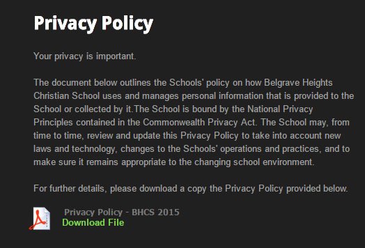 Belgrave Heights on Weebly: Privacy Policy page screenshot