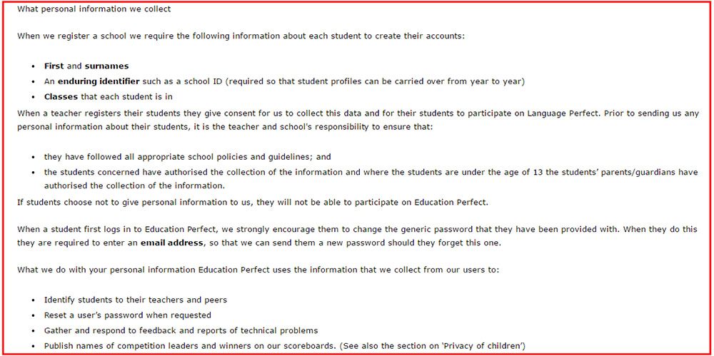 Education Perfect, a Weebly website, clause in Privacy Policy on Student