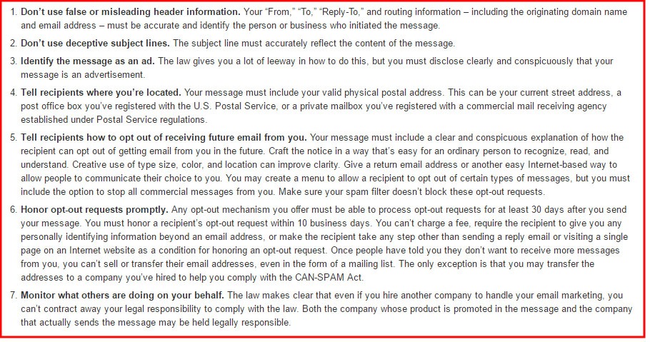 List of requirements for CAN-SPAM compliance from the FTC