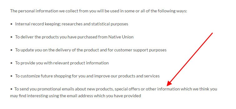 Native Union Privacy Policy on CAN-SPAM: Sends Promotional Emails to users