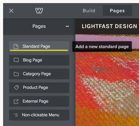 Weebly Pages section: Add a new standard page