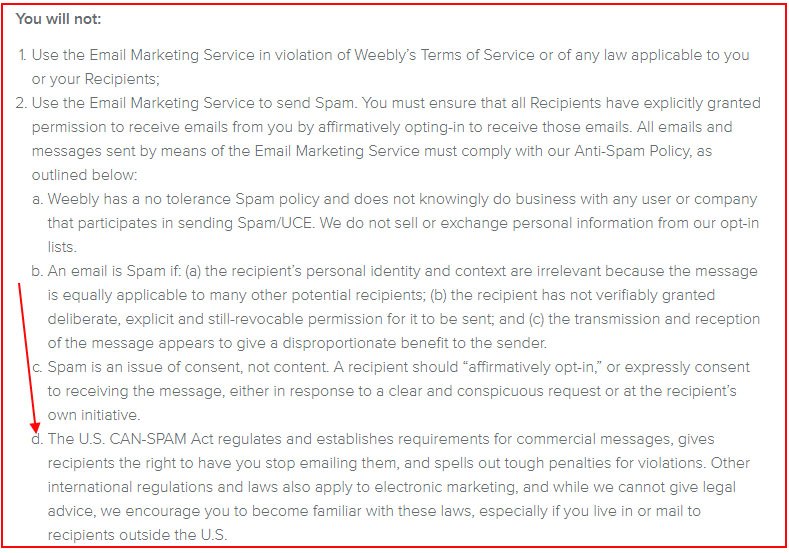 Weebly Terms of Service: The Comply with CAN-SPAM clause