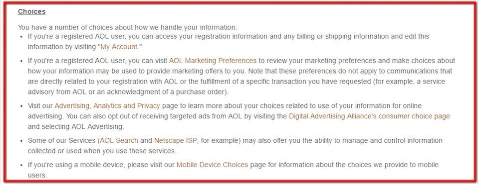 AOL Choice disclosure section