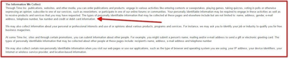 Information we collect in Default Privacy Policy of Time