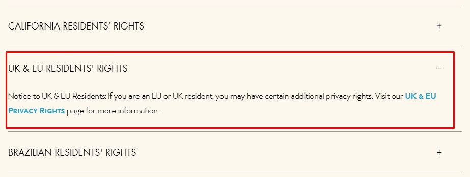 Disney Privacy Policy: UK and EU Residents Rights section highlighted