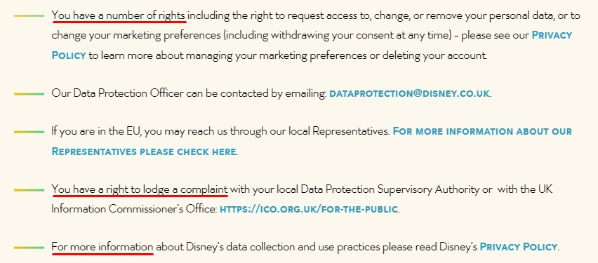 Disney UK and EU Privacy Rights page excerpt