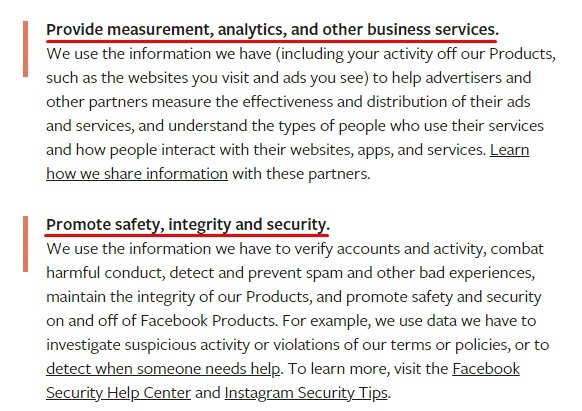 Facebook Data Policy: How do we use this information clause excerpt