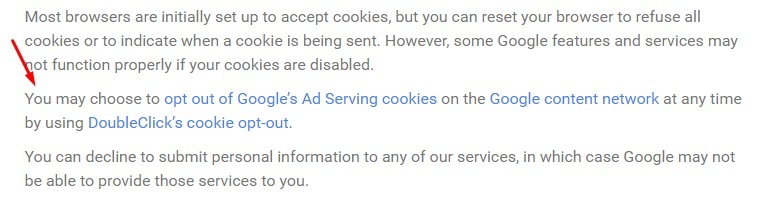 Google Security and Privacy: The right to opt out of ad serving cookies section highlighted