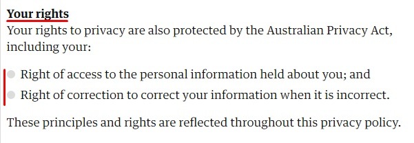 The Guardian Privacy Policy: Your Australian Privacy Rights section