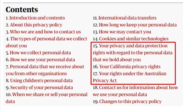 The Guardian Privacy Policy table of contents: Privacy rights sections highlighted