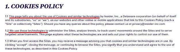 Insider Cookies Policy intro clause