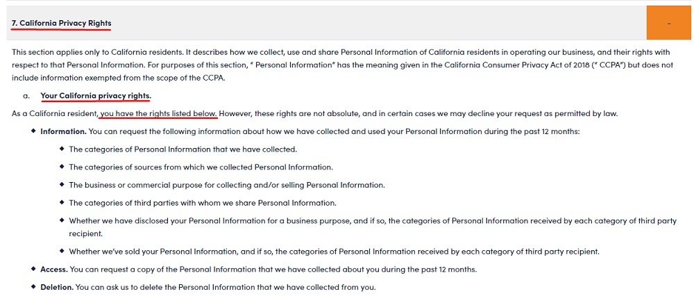 Outbrain Privacy Policy: California Privacy Rights clause excerpt