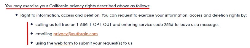 Outbrain Privacy Policy: California Privacy Rights clause - How to exercise the rights section