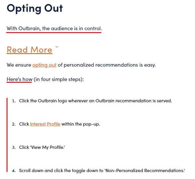 Outbrain Trust Center: Opting out section