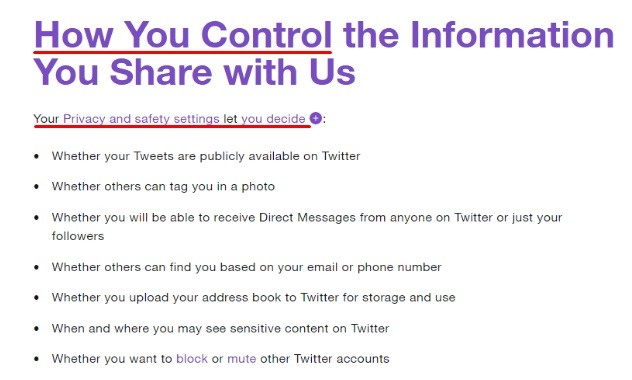 Twitter Privacy Policy: How You Control the Information You Share with Us clause