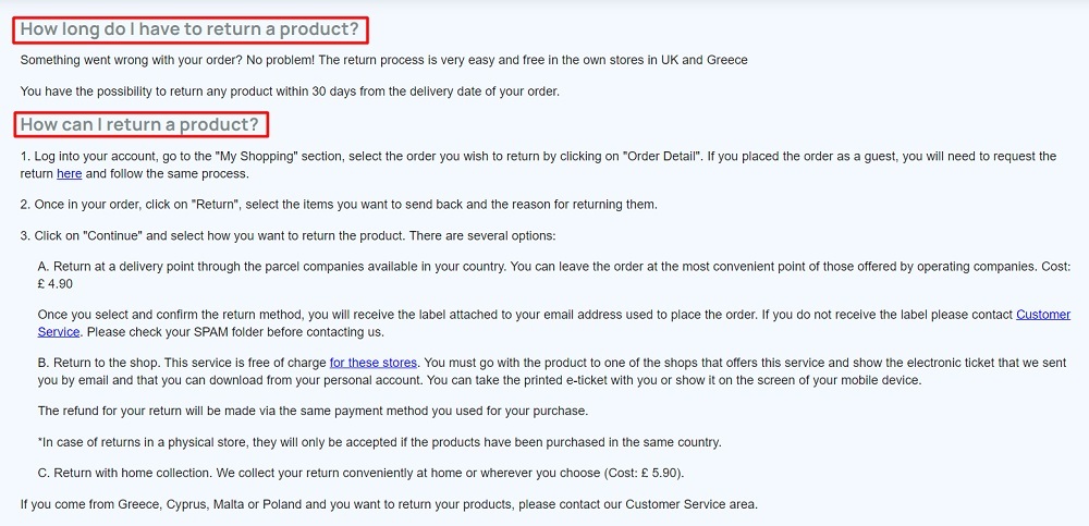 Havaianas: How do I return a product page - How long do I have and what is the process excerpt