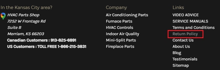 HVAC Parts Shop website footer with Return Policy link highlighted