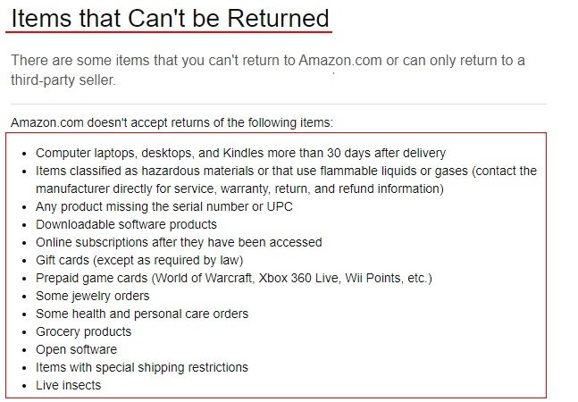 Amazon Customer Service: Items that can't be returned section