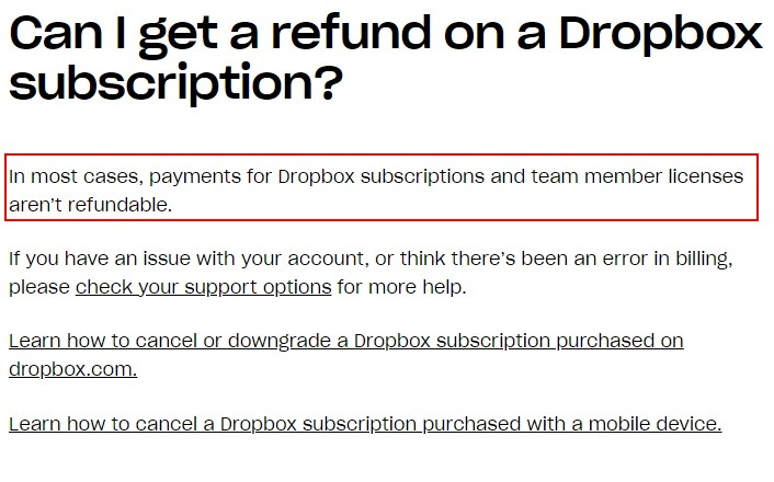 Dropbox Refund on a subscription page